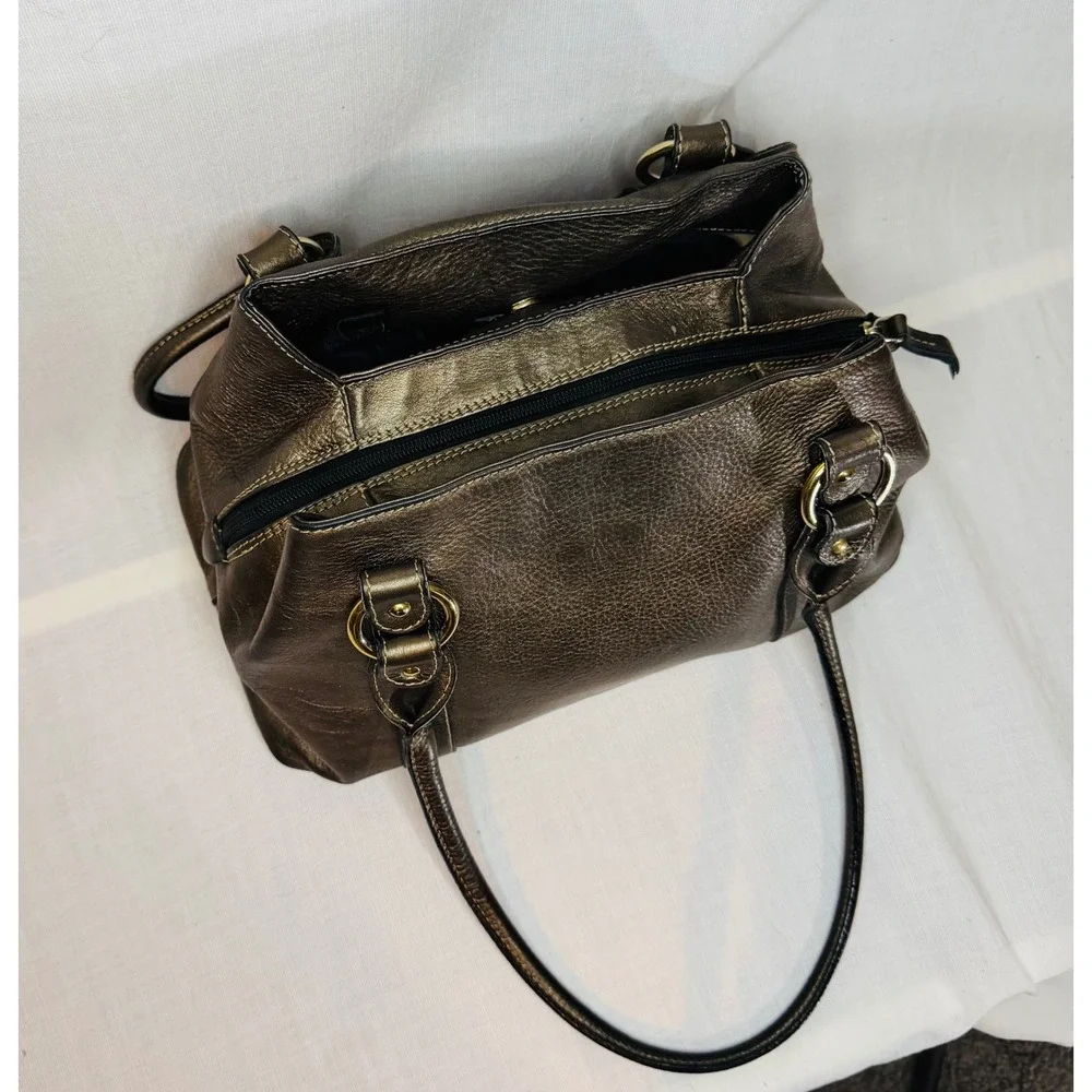 Metallic Bronze Pebbled Leather Shoulder Bag Satchel Gold Hardware Triple Pocket